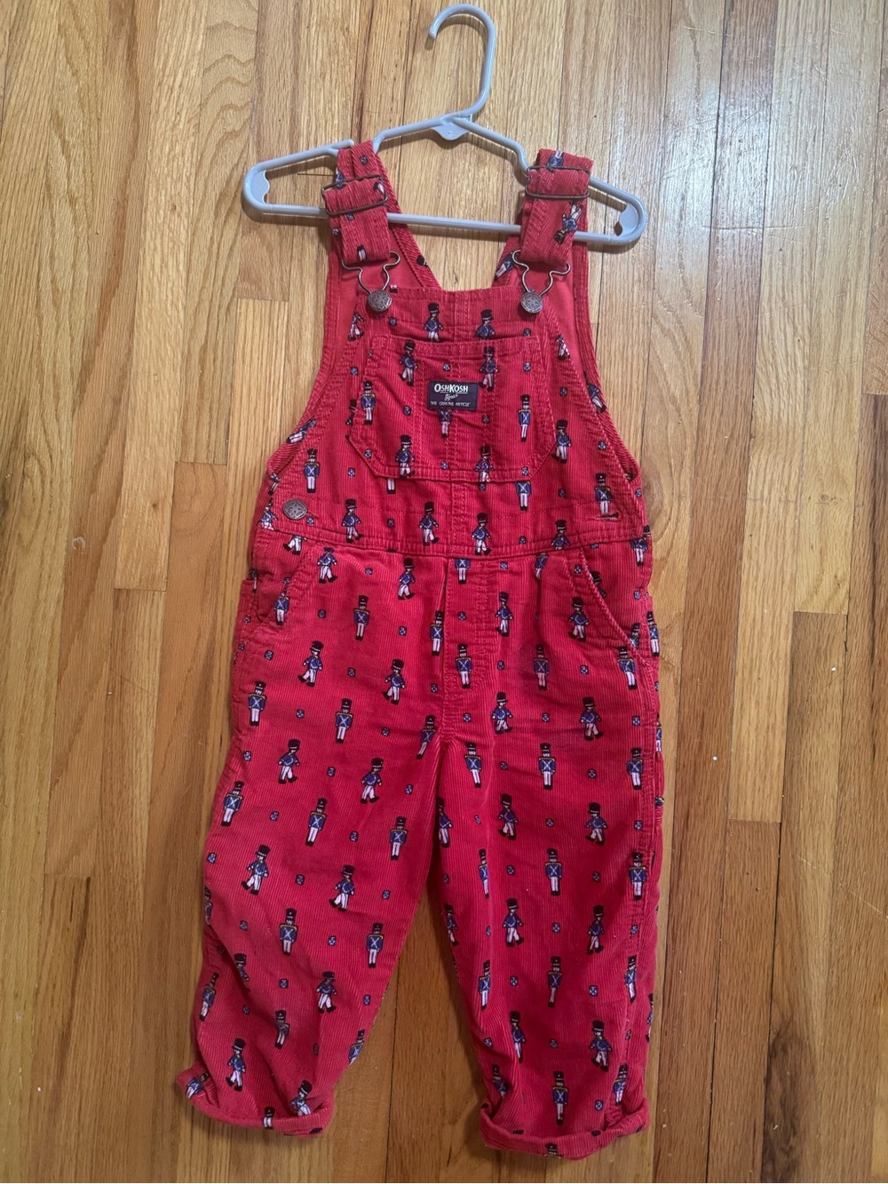 OshKosh B'gosh 2T Retro Red Overalls with Toy Soldier Print